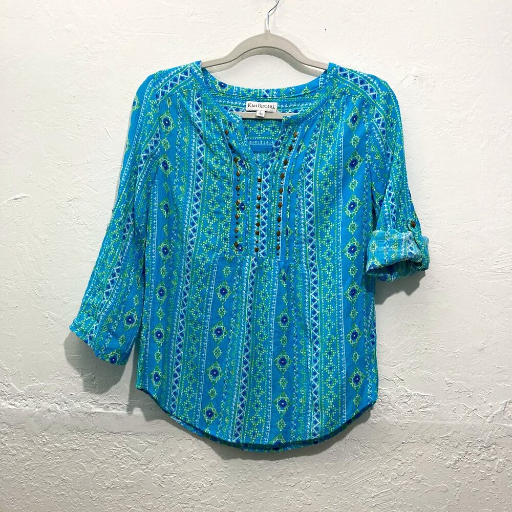Kim Rogers Blue Diamond Print Roll Tab Sleeve Tunic top Beaded Front Pintuck S